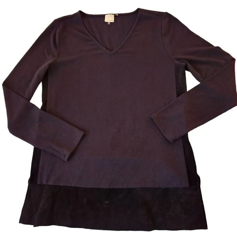 Ecru Womens Long Sleeve Leather Suede Trim Tunic Top Black Medium